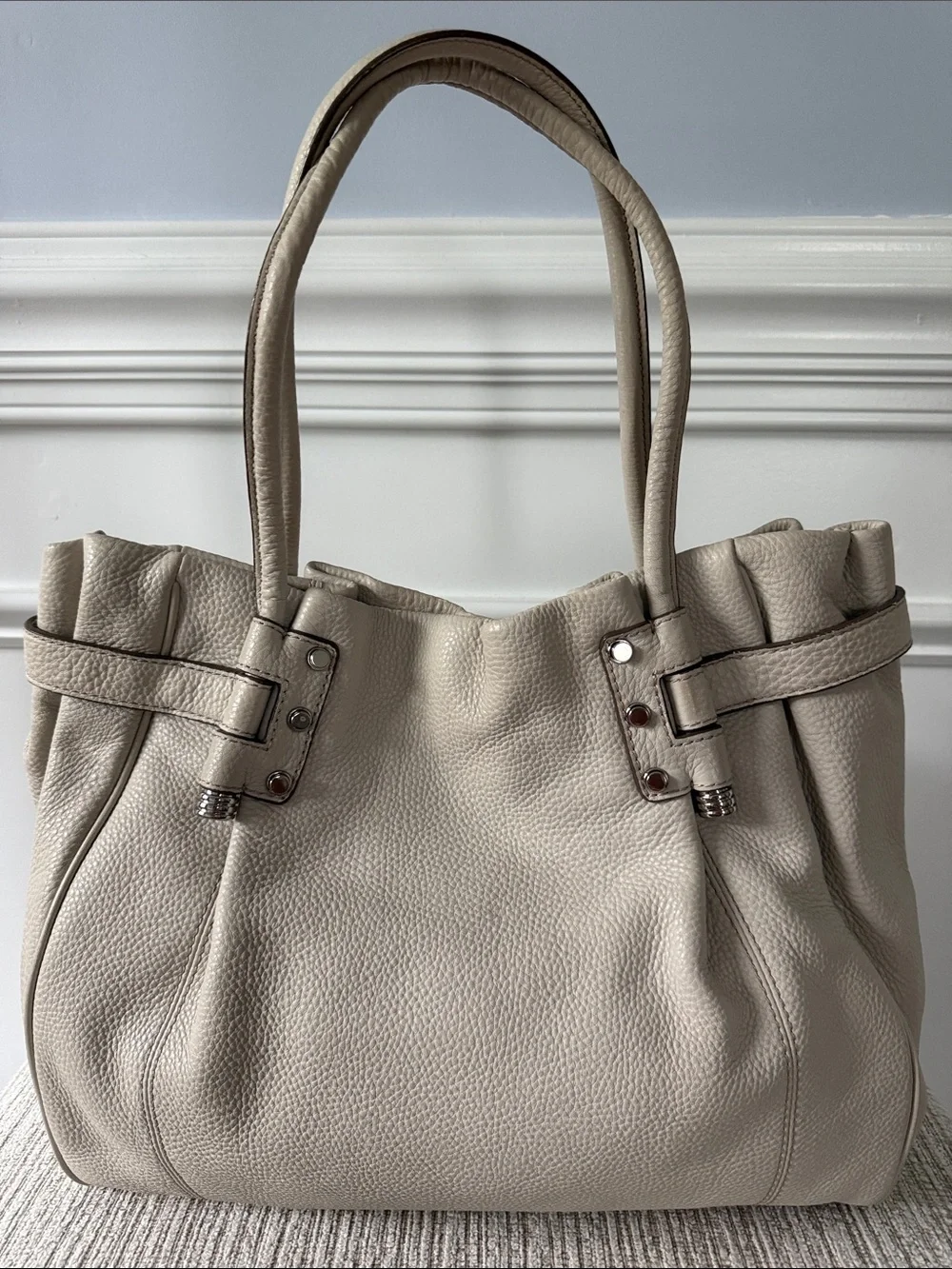 Banana Republic Pebbled Leather Large Tote Ivory Cream Roomy Shoulder Bag Purse